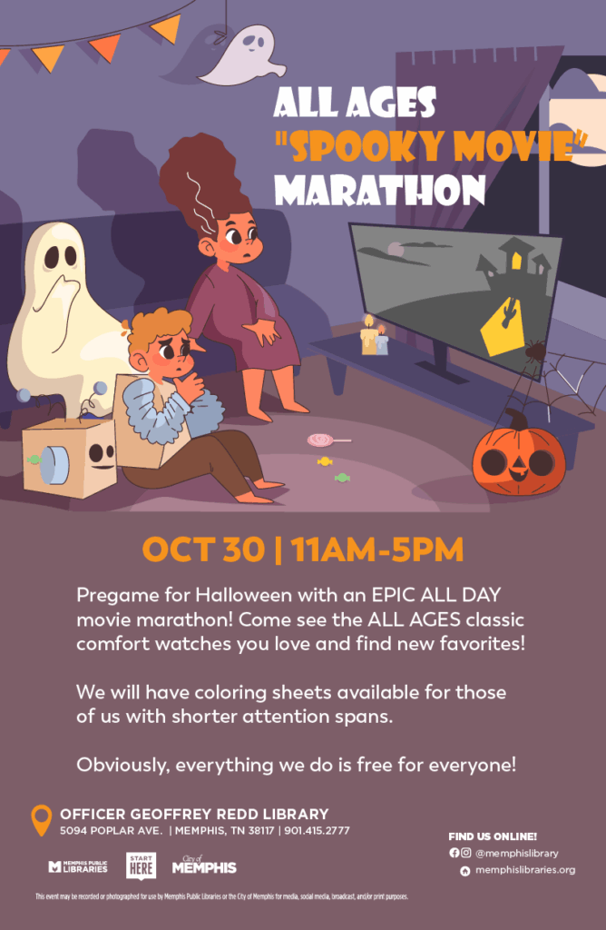 flyer for all ages spooky movie marathon at officer redd library