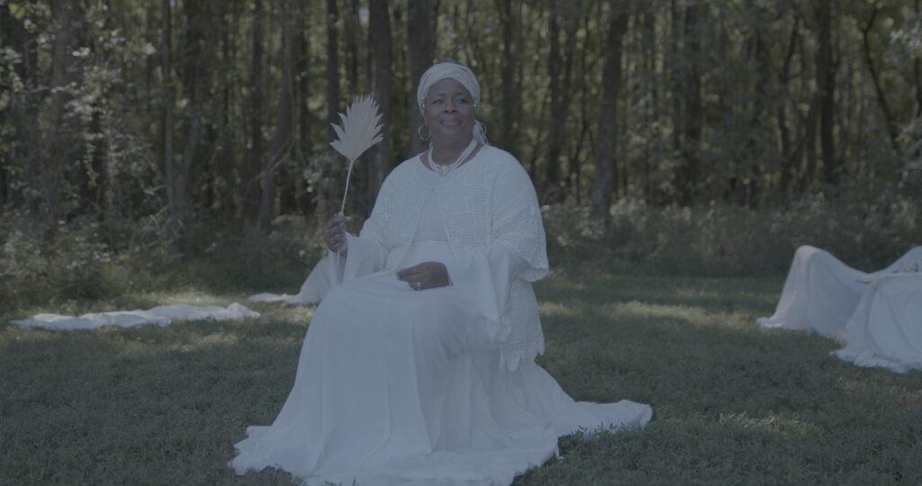 lady in white dress sitting in a field