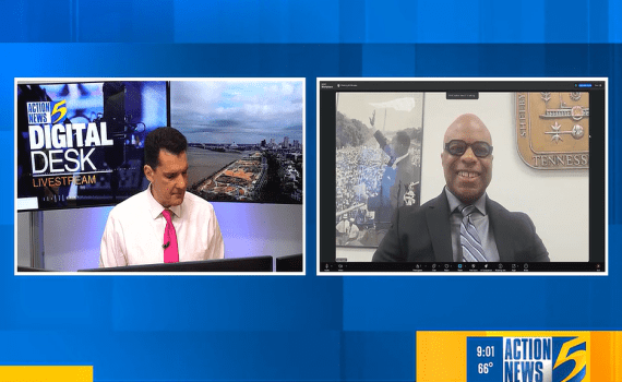 screenshot of new library director speaking to news host