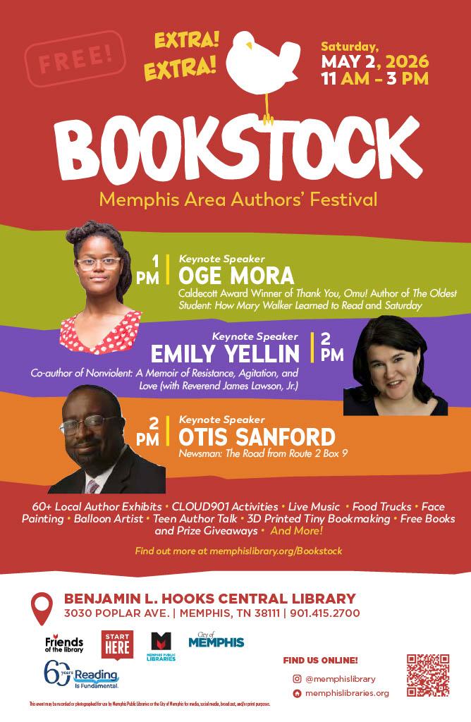 Bookstock flyer featuring keynote speakers oge mora, emily yelling, and otis sanford as well as the day of events.