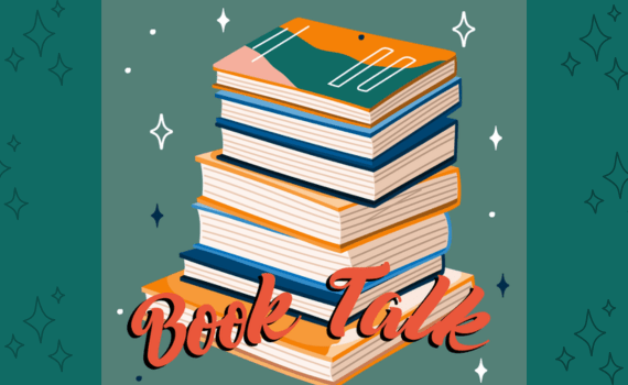 book talk flyer featuring a stack of books