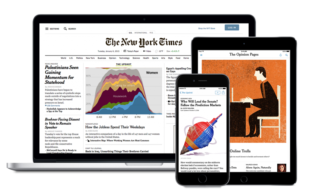 A laptop, phone, and tablet logged into The New York Times