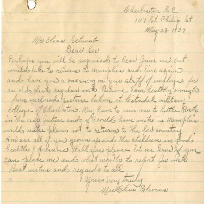 Letter from Olive Blevins to Elias Schwab