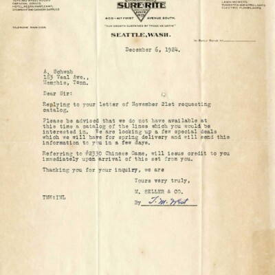 Letter, M. Seller & Co. to A. Schwab