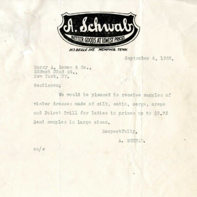 Correspondence, A. Schwab and Harry A. Roman & Co.