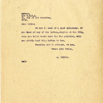 Letter, A. Schwab to YWCA