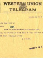 Western Union telegram from political boss E. H. Crump to Thomas Riddick of the Tennessee House of Representatives asking if members of the state legislature from Shelby County had made it to Nashville to vote to ratify the Nineteenth Amendment.