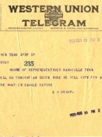 Western Union telegram from political boss E. H. Crump to Thomas Riddick of the Tennessee House of Representatives asking if members of the state legislature from Shelby County had made it to Nashville to vote to ratify the Nineteenth Amendment.
