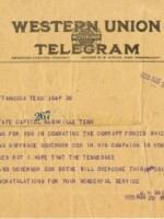 Western Union telegram to state representative Thomas Riddick of Memphis congratulating him on his efforts to get the vote in favor of the Nineteenth Amendment. The telegram also mentions Gov. James Cox of Ohio, the 1920 Democratic nominee.
