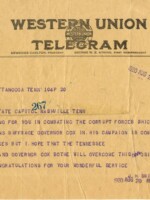 Western Union telegram to state representative Thomas Riddick of Memphis congratulating him on his efforts to get the vote in favor of the Nineteenth Amendment. The telegram also mentions Gov. James Cox of Ohio, the 1920 Democratic nominee.