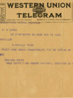 Western Union telegram to Senator McKellar of Tennessee congratulating him on his state's ratification of the 19th Amendment giving women the right to vote.