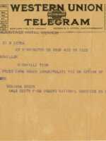 Western Union telegram to Senator McKellar of Tennessee congratulating him on his state's ratification of the 19th Amendment giving women the right to vote.