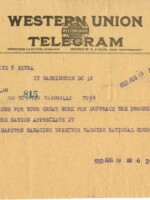 Telegram from the Managing Director of the Farmers National Council to Senator McKellar of Tennessee congratulating him on his home state's ratification of the 19th Amendment giving women the right to vote.