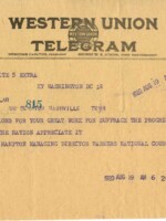 Telegram from the Managing Director of the Farmers National Council to Senator McKellar of Tennessee congratulating him on his home state's ratification of the 19th Amendment giving women the right to vote.