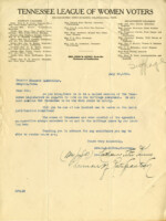 Invitation to join the Men's Ratification Committee, a group created by the TN League of Women Voters and headed by former Governor Thomas Rye. Other members included E. H. Crump, Commercial Appeal editor C P J Mooney, and former Governor Ben Hooper.