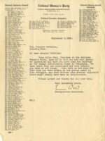Letter sent at the behest of Miss Alice Paul from the National Woman's Party to Senator McKellar of Tennessee thanking him for efforts in the fight to get his state to ratify the 19th Amendment.