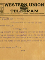 Telegram from U.S. Secretary of State Bainbridge Colby to Senator McKellar acknowledging that Tennessee had ratified the 19th Amendment giving women the right to vote. He also says that he will immediately issue a proclamation stating that the amendment has been ratified by the necessary 36 states for it to become part of the U.S. Constitution.