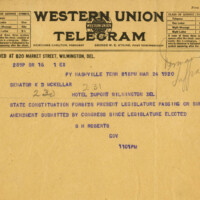 Telegram from Tennessee Governor Albert H. Roberts to U.S. Senator Kenneth McKellar of Tennessee. The telegram concerns efforts to get Tennessee to ratify the Nineteenth Amendment. Under Tennessee's Constitution, the state could not ratify an amendment proposed by Congress until a new state legislature had been elected. Because of this provision, Governor Roberts thought he was unable to call a special session of the legislature to ratify the amendment. However, a U.S. Supreme Court later that year overturned that part of the state constitution and allowed the governor to call a special session.