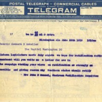 Telegram from Mrs. John D. McNeel, chairman of Alabama's Ratification Committee, asking for Senator McKellar's support and words of endorsement that could be used in a campaign for ratification by Alabama's legislature.