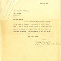Typed letter from Tennessee Governor Albert H. Roberts to Senator Kenneth McKellar about calling a special session of the legislature to ratify the 19th Amendment. After a U.S. Supreme Court ruling in a case involving the state of Ohio and the Eighteenth Amendment, the governor was free to call a special session of the legislature to consider ratifying the Nineteenth Amendment.