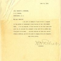 Typed letter from Tennessee Governor Albert H. Roberts to Senator Kenneth McKellar about calling a special session of the legislature to ratify the 19th Amendment. After a U.S. Supreme Court ruling in a case involving the state of Ohio and the Eighteenth Amendment, the governor was free to call a special session of the legislature to consider ratifying the Nineteenth Amendment.