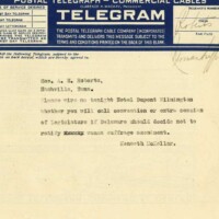 Telegram from U.S. Senator Kenneth McKellar of Tennessee to Governor Albert Roberts of the same state asking if the governor will call a special session of the legislature to ratify the amendment if Delaware does not claim the 36th spot.