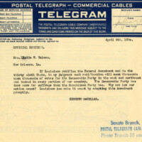 Telegram from Senator Kenneth McKellar to Mrs. Lyida W. Holmes discussing the prospect of Louisiana ratifying the Nineteenth Amendment and what that would mean for the Democratic Party.