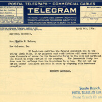 Telegram from Senator Kenneth McKellar to Mrs. Lyida W. Holmes discussing the prospect of Louisiana ratifying the Nineteenth Amendment and what that would mean for the Democratic Party.