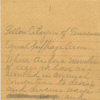 Handwritten speech, with edits, by prominent Memphis suffragist Martha Allen, calling for the creation of what would be the Tennessee League of Women Voters. In the speech, Allen sates, "we are here assembled at this convention as the equal suffrage forces of Tennessee to celebrate our final and glorious victory of womens enfranchisement", and she calls for "the dissolving and adjournment of the equal Suffrage forces of Tennessee - with all of their auxiliaries, to be merged into a more advanced field of usefulness and progress."