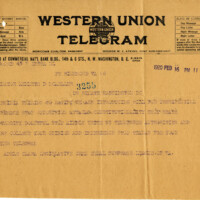 Western Union telegram from Adele Clark of the Equal Suffrage League of Virginia to U.S. Senator Kenneth McKellar of Tennessee concerning her home state's failure to ratify the 19th Amendment.