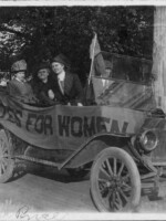 Portrait at a suffrage rally of three women and a man in a car with a banner that says “Votes for Women”. The name “Hannah Price” is written on the front of the photo, suggesting that one of the women in the car is Hannah Price, the president of the Morristown, TN, chapter of the State Equal Suffrage Association during 1911.