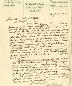 Letter to Senator McKellar concerning the potential impact of an amendment allowing women to vote on segregation in the South. During the fight for women's suffrage, southern states proved the most resistant to efforts to enfranchise women due to concerns that any expansion of voting rights might dismantle Jim Crow laws disenfranchising African Americans.