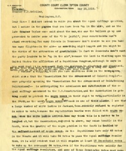 Letter from C. P. Simonton, County Court Clerk for Tipton County, to Senator McKellar expressing concerns that provisions in the proposed Susan B. Anthony Amendment that prohibit voter discrimination based on sex would allow African American women to vote alongside white men and women.