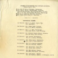 This is a list of the officers of the Tennessee Woman Suffrage Association elected on June 5 1919, the day after the U.S. Senate voted to pass the Susan B. Anthony Amendment, sending it on to the states to ratify. Included in the list are Lula Thomas Colyar Reese, shown here as Mrs. Isaac Reese. She was one of two women first elected to the Memphis school board. Also named is Anne Dallas Dudley, shown here as Mrs. Guilford Dudley. She played a prominent role in getting Tennessee to ratify the 19th Amendment. Further, there is Abby Crawford Milton. Shown here as Mrs. George F. Milton, she was the last president of the Tennessee Equal Suffrage Association.