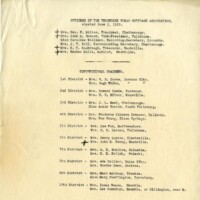 This is a list of the officers of the Tennessee Woman Suffrage Association elected on June 5 1919, the day after the U.S. Senate voted to pass the Susan B. Anthony Amendment, sending it on to the states to ratify. Included in the list are Lula Thomas Colyar Reese, shown here as Mrs. Isaac Reese. She was one of two women first elected to the Memphis school board. Also named is Anne Dallas Dudley, shown here as Mrs. Guilford Dudley. She played a prominent role in getting Tennessee to ratify the 19th Amendment. Further, there is Abby Crawford Milton. Shown here as Mrs. George F. Milton, she was the last president of the Tennessee Equal Suffrage Association.