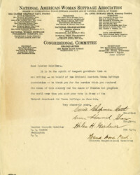 Letter from the leadership of the National American Woman Suffrage Association thanking Senator Kenneth McKellar for voting in favor of the Susan B. Anthony Amendment, also known as the Nineteenth Amendment. After decades of refusing to send the amendment to the states, the Senate did so on June 4, 1919. The letter is signed by nationally known suffragists such as Carrie Chapman Catt and Anna Howard Shaw.