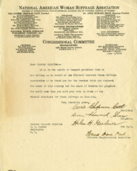 Letter from the leadership of the National American Woman Suffrage Association thanking Senator Kenneth McKellar for voting in favor of the Susan B. Anthony Amendment, also known as the Nineteenth Amendment. After decades of refusing to send the amendment to the states, the Senate did so on June 4, 1919. The letter is signed by nationally known suffragists such as Carrie Chapman Catt and Anna Howard Shaw.