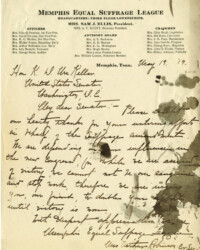 This is a letter to U.S. Senator Kenneth McKellar of Tennessee from the Memphis Equal Suffrage League thanking him for his efforts on behalf of the Susan B. Anthony Amendment to the U.S. Constitution. The Senate passed the Amendment sending it on to the states for ratification on June 4, 1919. It became part of the Constitution as the Nineteenth Amendment when Tennessee ratified it on August 18, 1920.