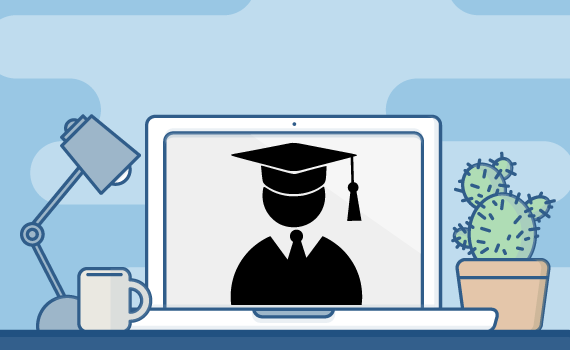 Illustration of desk with laptop with a student on the screen.